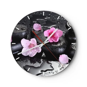 Relógio de parede - Relógio em vidro - Flores de cerejeira em pedras pretas - 30x30cm - Coração de pedra - Decoração de parede moderna para a sala de estar, cozinha e quarto ARTTOR