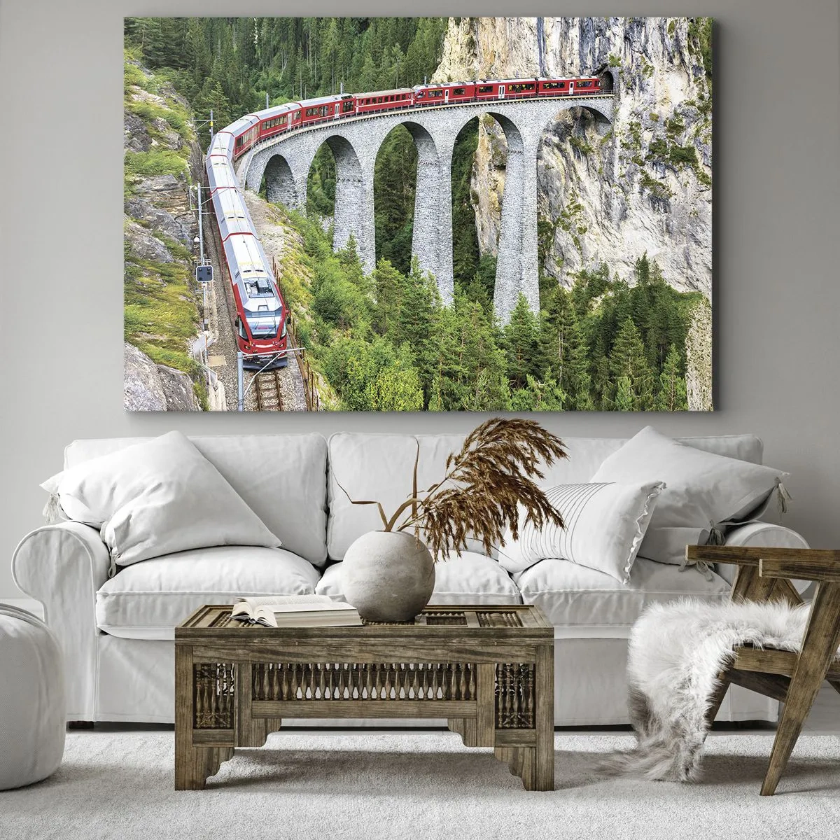 Quadro em tela - Um trem em um viaduto pitoresco em uma paisagem montanhosa - 70x50cm - Linha férrea com vista para a montanha - Decoração de parede moderna para a sala de estar e quarto ARTTOR