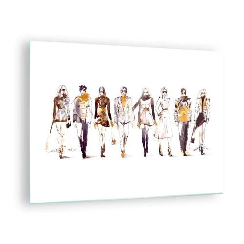 Quadro em vidro - Grupo de personagens da moda em estilo de esboço em fundo branco - 70x50cm - Elegância elegante e casual sem esforço - Decoração de parede moderna para a sala de estar e quarto ARTTOR
