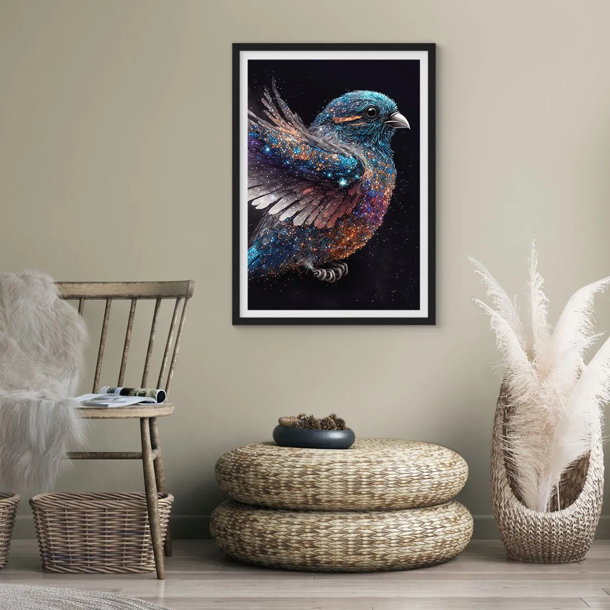 Pôster com moldura preta - Um pássaro espacial com plumagem estelar em um fundo preto - 50x70cm - Pardal de diamante - Decoração de parede moderna para a sala de estar e quarto ARTTOR