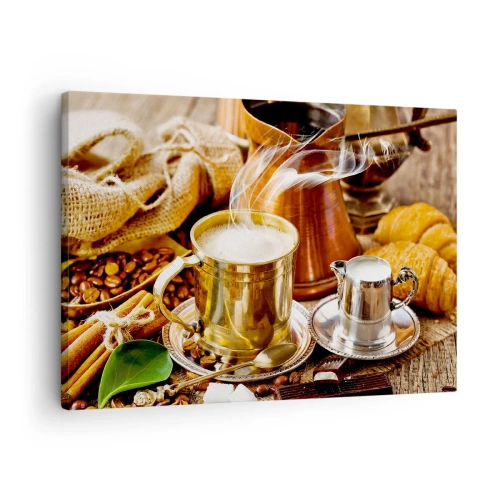 Quadro em tela - Uma caneca dourada de café cercada por grãos, jarras e croissants - 70x50cm - Bons dias! - Decoração de parede moderna para a sala de estar e quarto ARTTOR