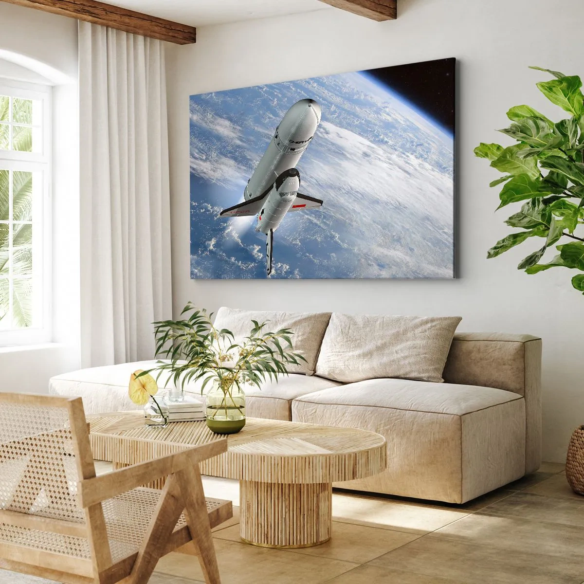 Quadro em tela - Um foguete espacial subindo contra o pano de fundo da Terra - 70x50cm - Ascensão cósmica - Decoração de parede moderna para a sala de estar e quarto ARTTOR