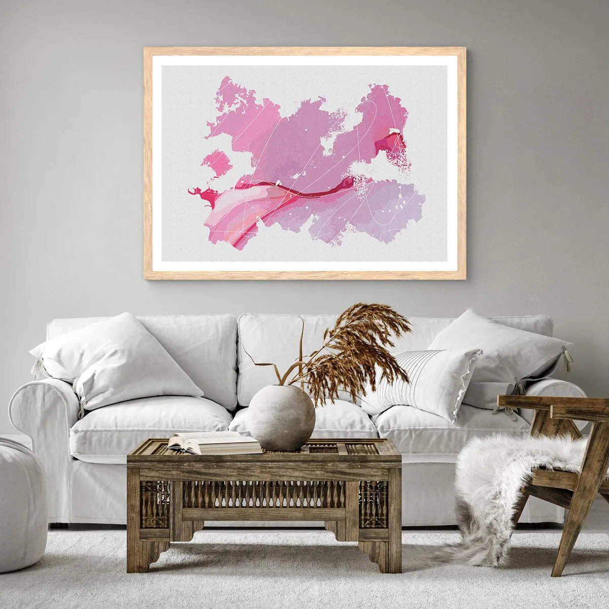 Pôster com moldura de carvalho claro - Mapa do mundo rosa - 100x70 cm