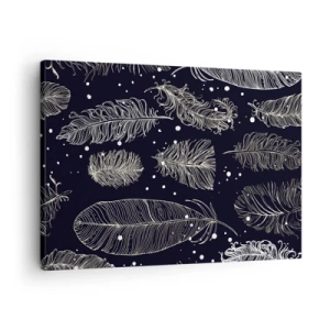 Quadro em tela - Penas brancas delicadas sobre fundo azul marinho - 70x50cm - Rendas de penas - Decoração de parede moderna para a sala de estar e quarto ARTTOR