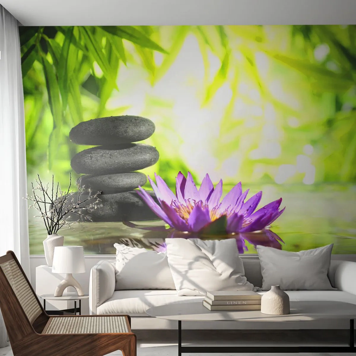 Papel de Parede Autocolante Deluxe Sticker - Em um arbusto de bambu - Flor, Flor de Lotus, Bambu - 250x175 cm