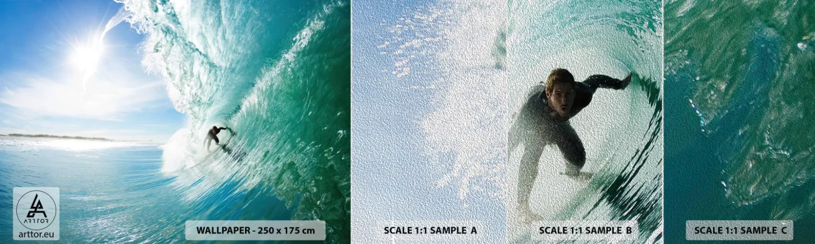 Amostra de papel de parede Premium Sand - Na crista da onda - Paisagem, oceano, Surfista - 100x30 cm