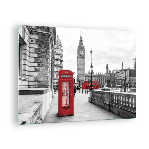 Quadro em vidro - Londres em preto e branco com uma cabine telefônica vermelha e um ônibus - 70x50cm - Sem dúvida, Londres - Decoração de parede moderna para a sala de estar e quarto ARTTOR