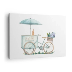 Quadro em tela - Uma bicicleta com sorvete e flores sob um guarda-chuva em delicadas cores pastel - 70x50cm - Doce lembrança do verão - Decoração de parede moderna para a sala de estar e quarto ARTTOR