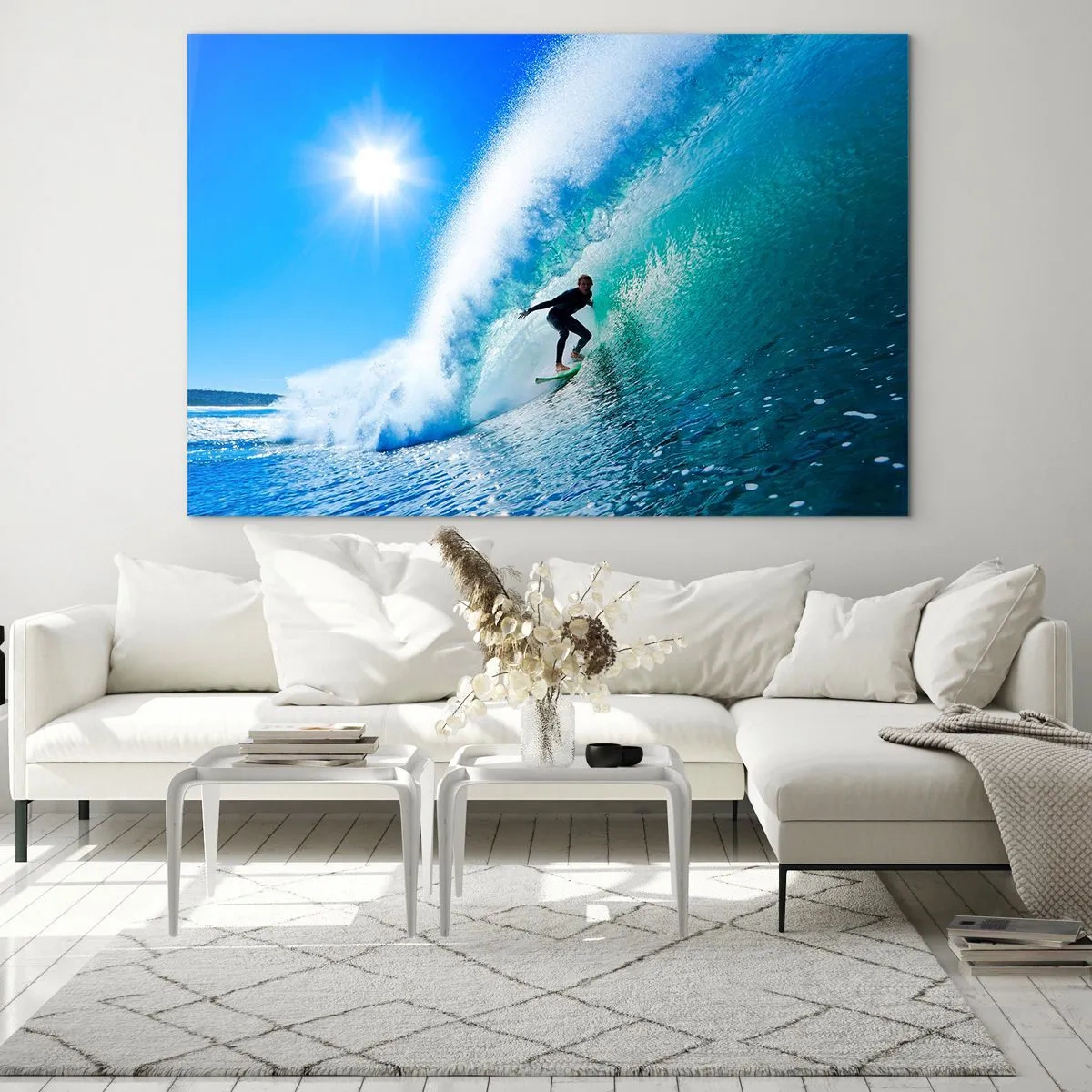 Quadro em vidro - Surfista em uma onda em um dia ensolarado - 70x50cm - Azul gigante - Decoração de parede moderna para a sala de estar e quarto ARTTOR