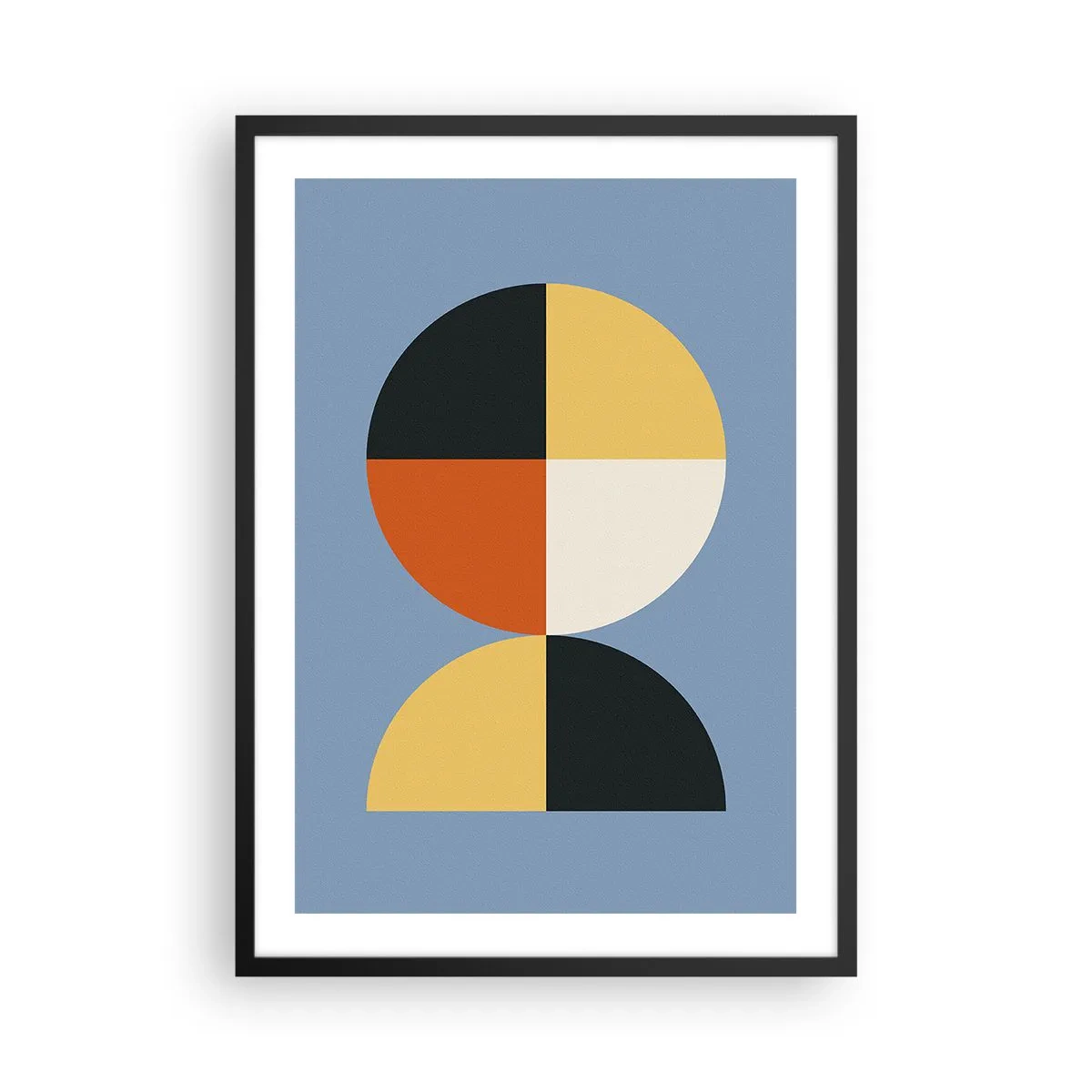 Pôster com moldura preta - Motivo geométrico em forma de círculo e semicírculo sobre fundo azul - 50x70cm - Verja e conte - Decoração de parede moderna para a sala de estar e quarto ARTTOR