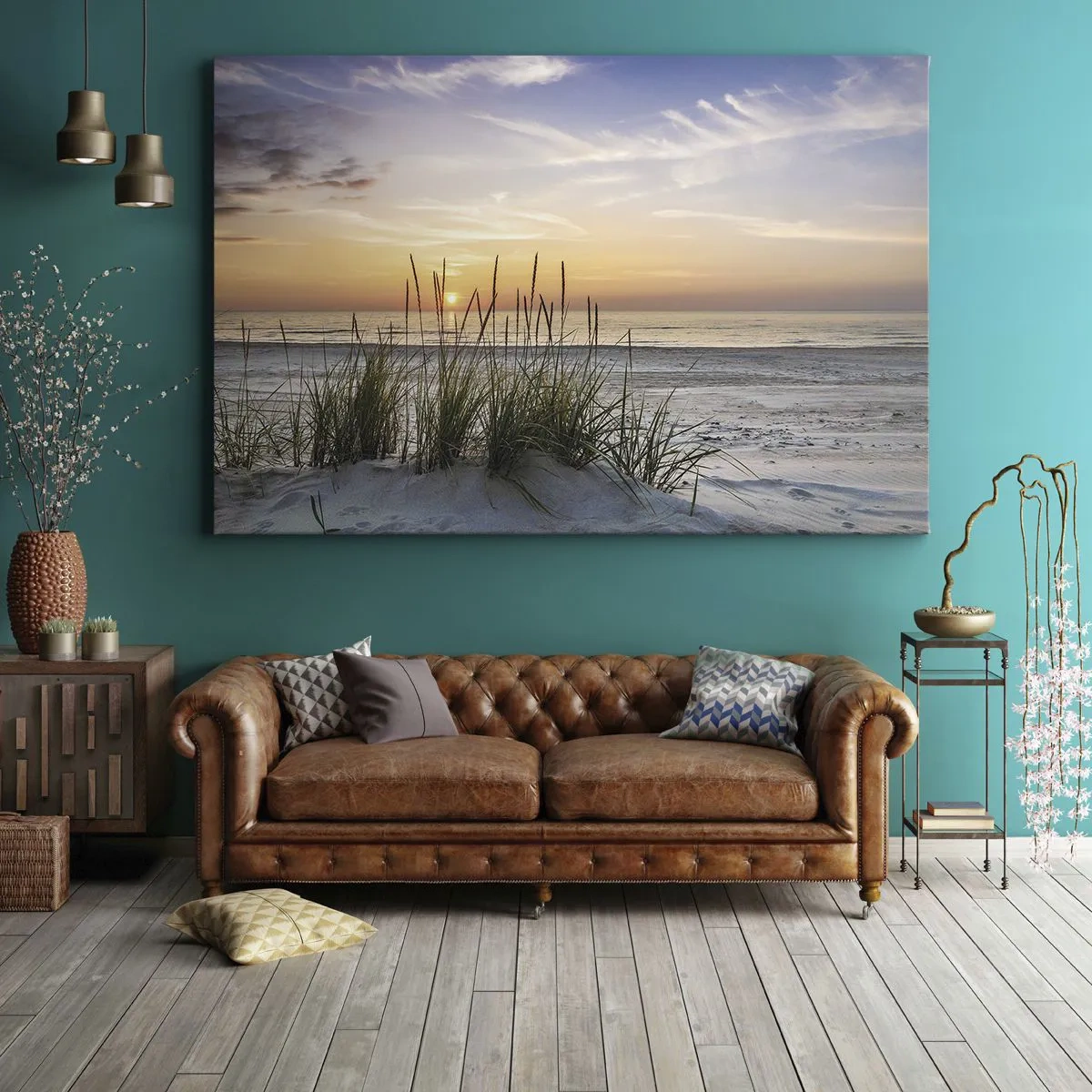 Quadro em tela - Uma praia de areia ao pôr do sol com grama ao fundo - 70x50cm - Olhe, pense, sinta - Decoração de parede moderna para a sala de estar e quarto ARTTOR
