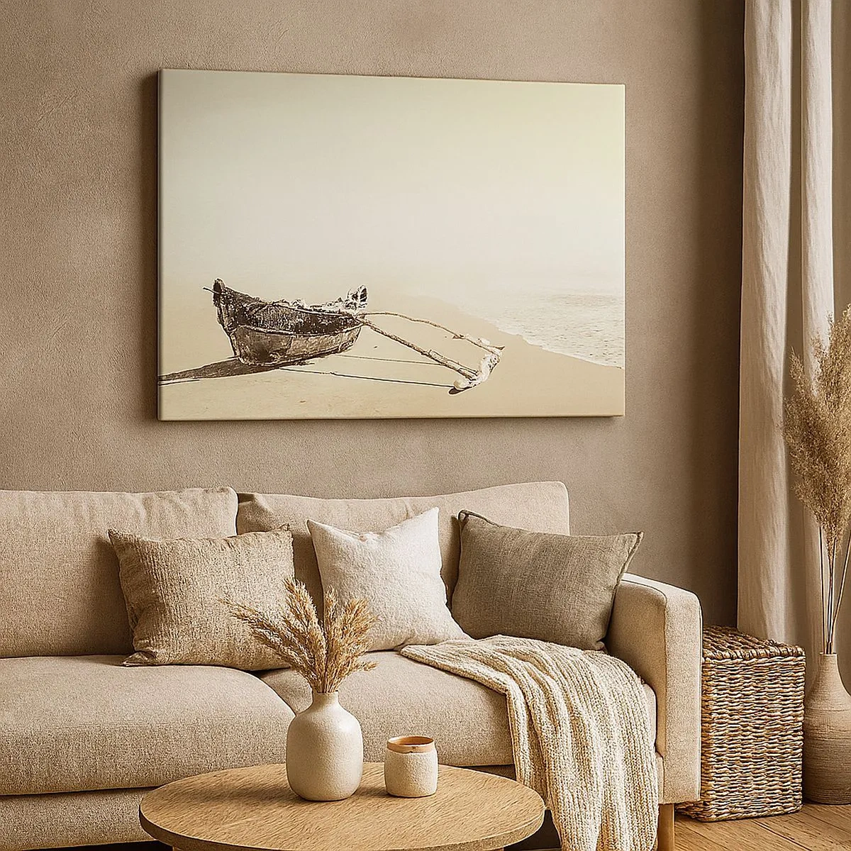 Quadro em tela - Velho barco de pesca em uma praia de areia - 70x50cm - Memória dos mares do sul - Decoração de parede moderna para a sala de estar e quarto ARTTOR