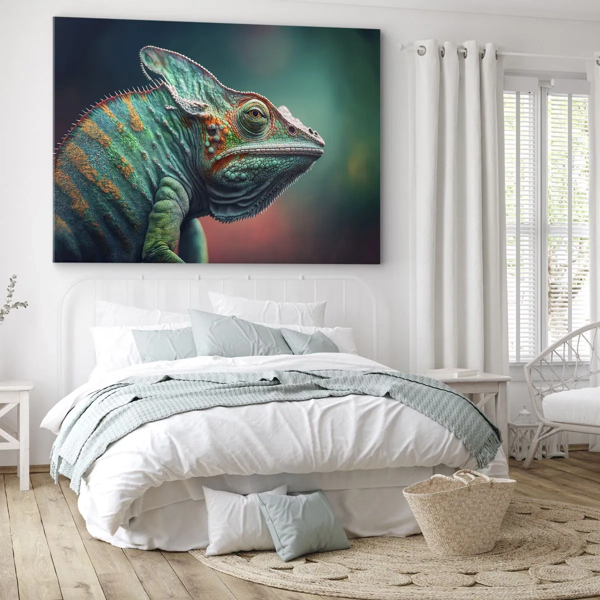 Quadro em tela - Close-up de um camaleão em cores intensas - 70x50cm - Estás a ver-me? Isso não é bom… - Decoração de parede moderna para a sala de estar e quarto ARTTOR