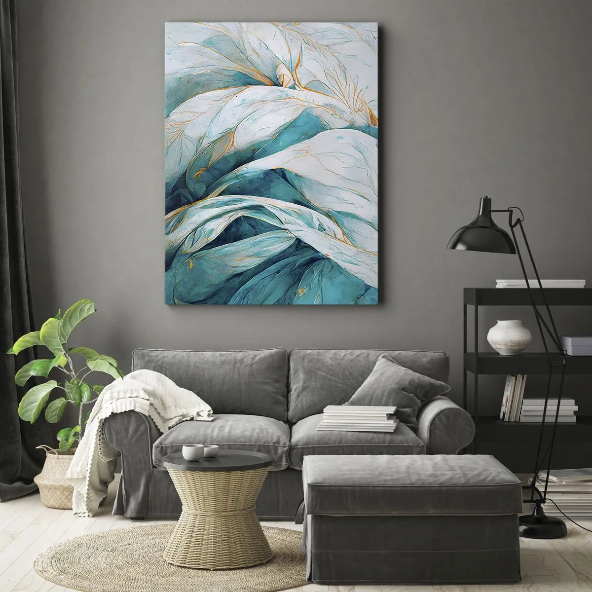 Quadro em tela - Abstração azul com lema dourado - 50x70 cm