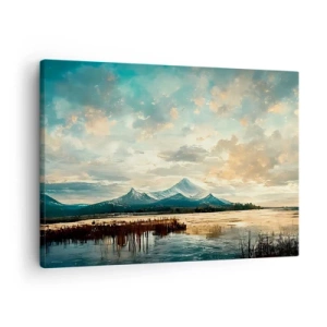 Quadro em tela - Uma paisagem pitoresca com uma montanha e um lago calmo - 70x50cm - Sob a proteção do céu - Decoração de parede moderna para a sala de estar e quarto ARTTOR