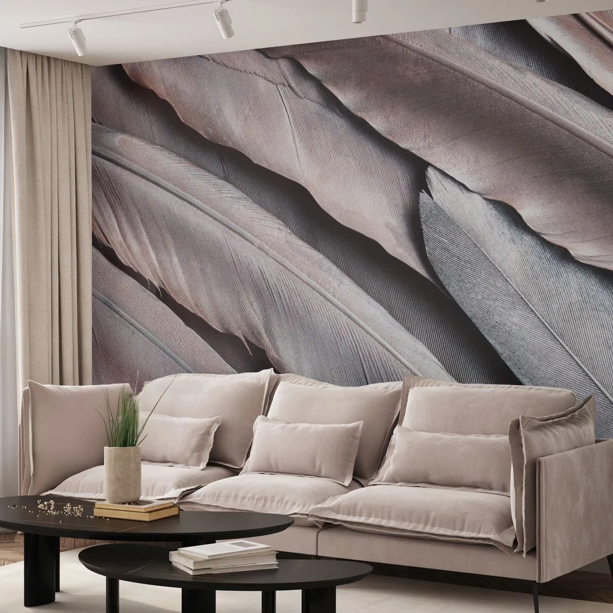 Papel de Parede Premium Canvas - Em prateado rosa - Pena de ave, Gráficos, Boho - 100x70 cm