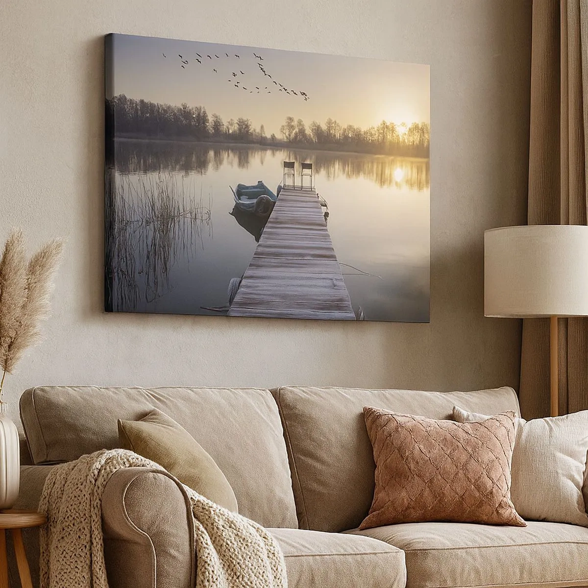 Quadro em tela - Um píer à beira do lago pela manhã com um barco e cadeiras - 70x50cm - Voltarei dentro de algum tempo - Decoração de parede moderna para a sala de estar e quarto ARTTOR