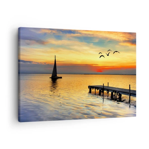 Quadro em tela - Pôr do sol com um veleiro e um píer em um lago calmo - 70x50cm - Regressos noturnos - Decoração de parede moderna para a sala de estar e quarto ARTTOR