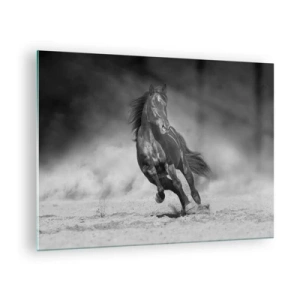 Quadro em vidro - Um cavalo preto galopando pela areia em preto e branco. - 70x50cm - Digno do próprio emir - Decoração de parede moderna para a sala de estar e quarto ARTTOR