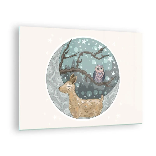 Quadro em vidro - Ilustração de um veado e uma coruja em um cenário mágico - 70x50cm - Noite na floresta como em um conto de fadas - Decoração de parede moderna para a sala de estar e quarto ARTTOR