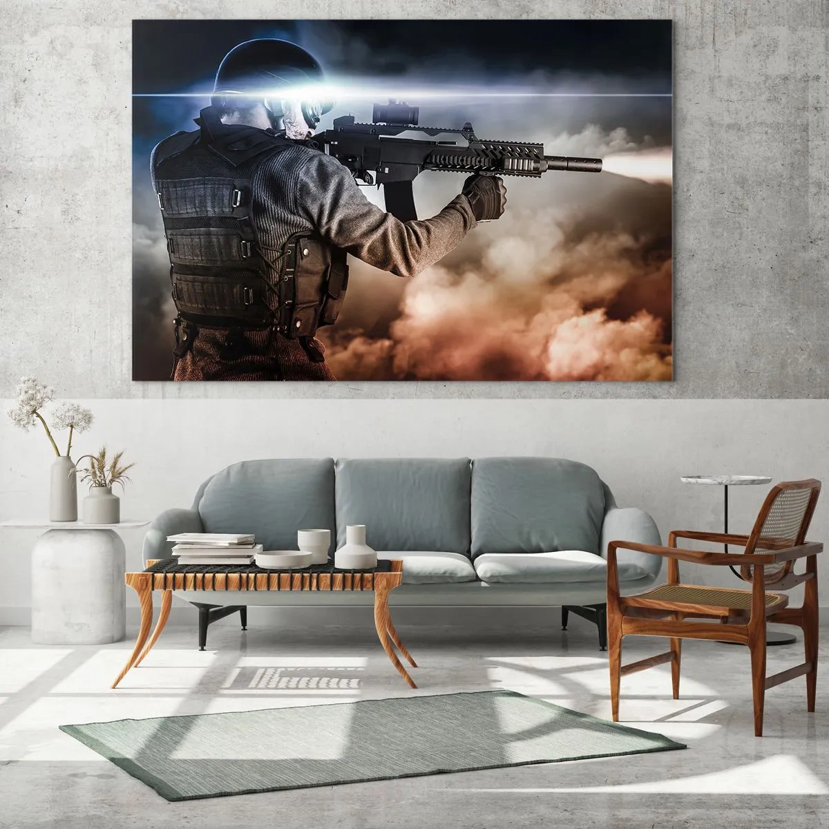 Quadro em vidro - Um soldado em ação disparando um rifle em meio a fumaça. - 70x50cm - Simplesmente um herói - Decoração de parede moderna para a sala de estar e quarto ARTTOR