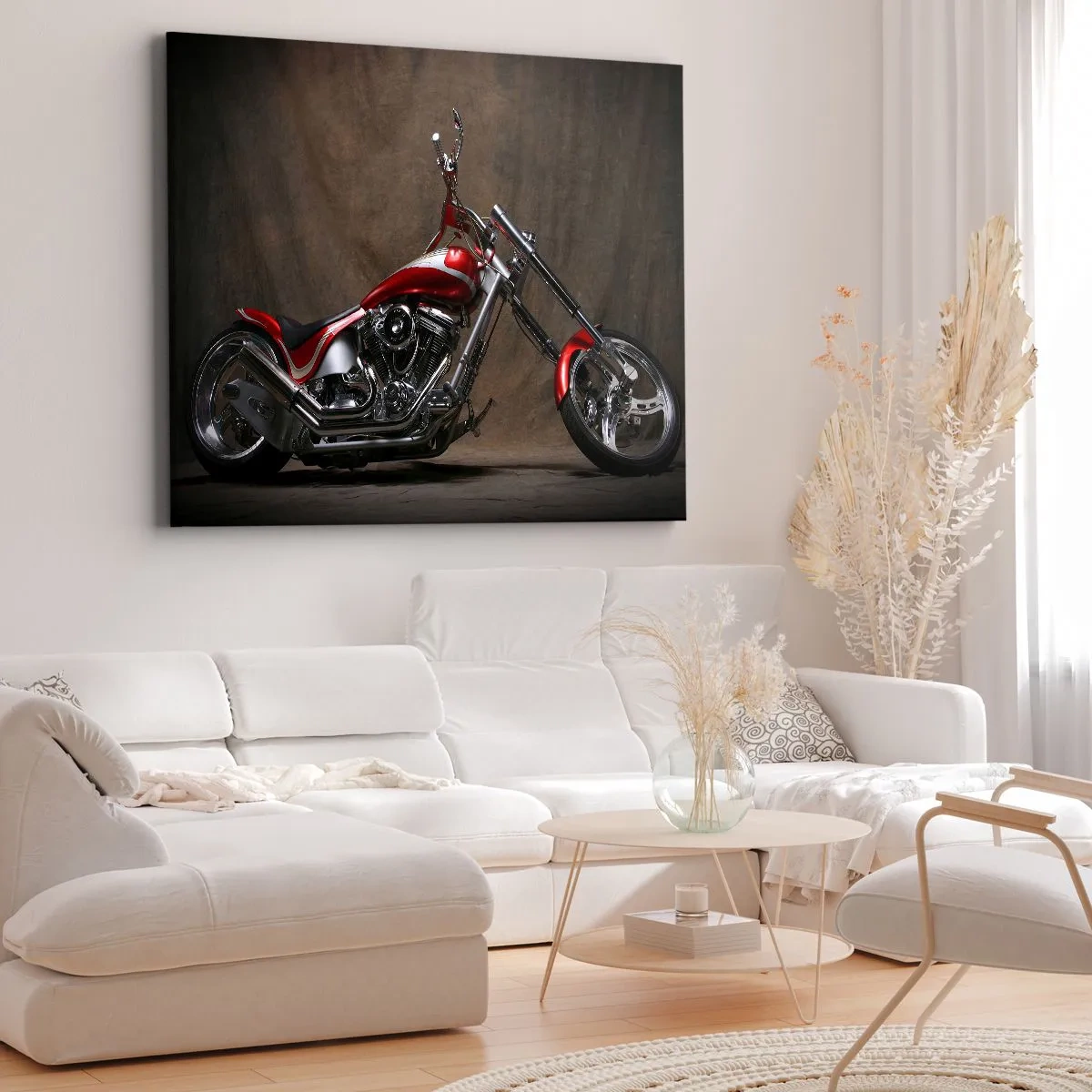 Quadro em tela - Motocicleta vermelha personalizada sobre fundo de tecido marrom - 70x50cm - Beleza vermelho-prata - Decoração de parede moderna para a sala de estar e quarto ARTTOR