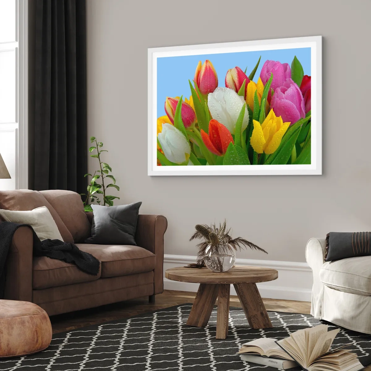 Pôster em moldura branca - Arco-íris floral em gotas de orvalho - 70x50 cm