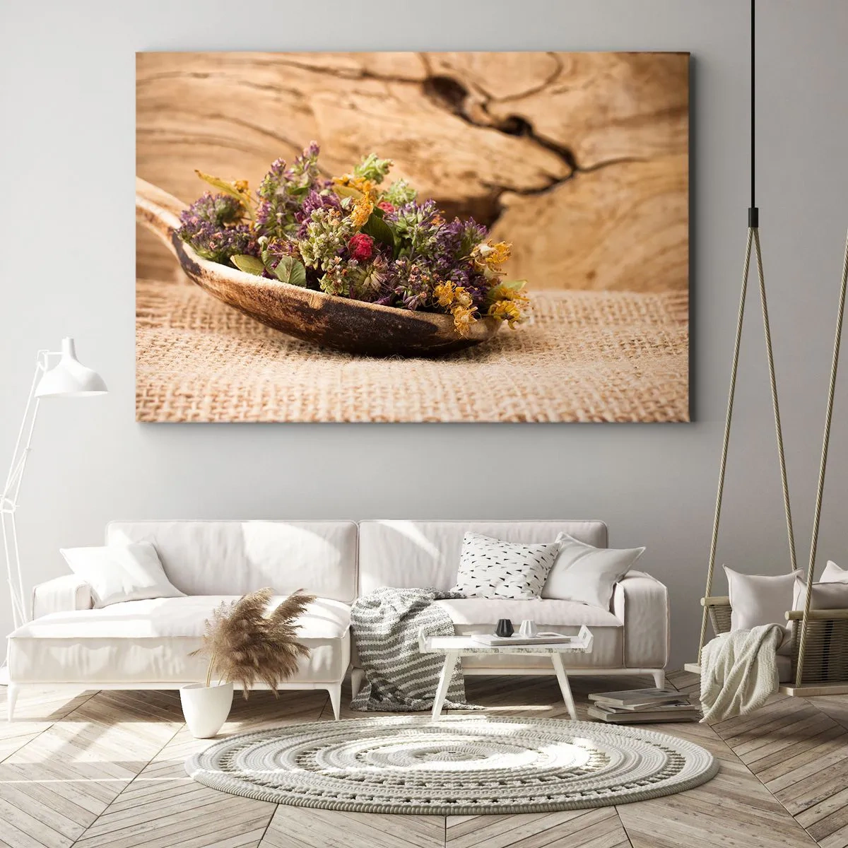 Quadro em tela - Ervas secas em uma colher de pau sobre um fundo de madeira natural - 70x50cm - Flores coloridas e ervas aromáticas - Decoração de parede moderna para a sala de estar e quarto ARTTOR