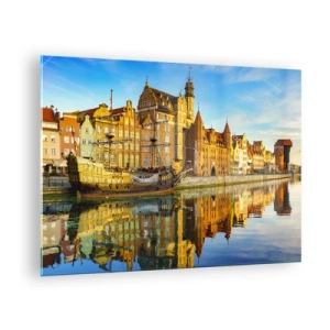 Quadro em vidro - Centro Histórico de Gdansk com um reflexo na água - 70x50cm - Imagem espelhada do passado - Decoração de parede moderna para a sala de estar e quarto ARTTOR