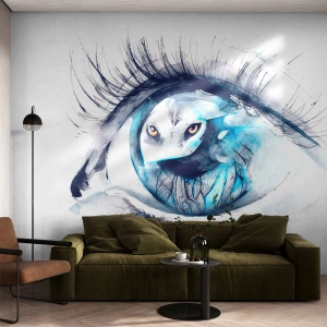 Papel de Parede Standard Eco - Olho com reflexo de coruja em estilo aquarela - 100x70cm - Cara a cara com o selvagem - Decoração de parede moderna para a sala de estar e quarto ARTTOR