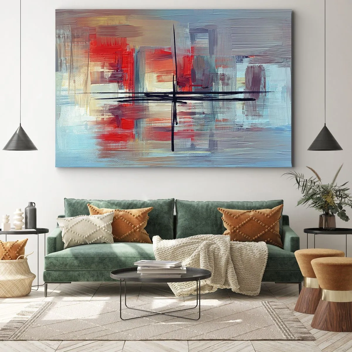 Quadro em tela - Uma composição abstrata com cores intensas, linhas e formas geométricas. - 70x50cm - Uma paisagem numa dimensão desconhecida - Decoração de parede moderna para a sala de estar e quarto ARTTOR