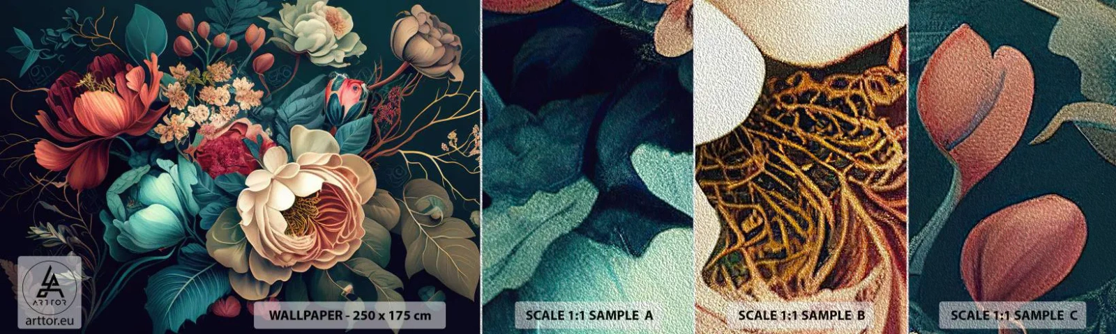 Amostra de papel de parede Premium Sand - Charme do século 19 - Flores, Chique gasto, Clássico - 100x30 cm
