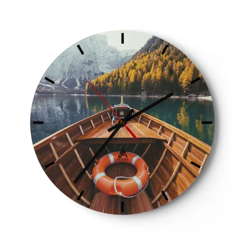Relógio de parede - Relógio em vidro - Vista do barco de um lago cercado por montanhas e florestas - 30x30cm - Excursão na montanha - Decoração de parede moderna para a sala de estar, cozinha e quarto ARTTOR
