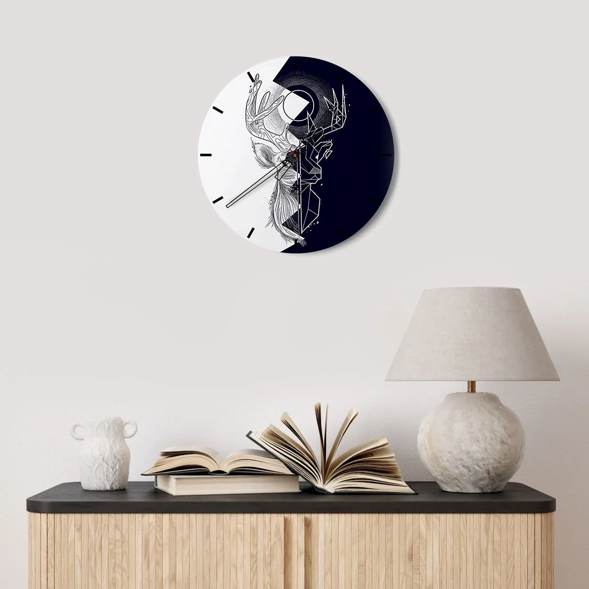 Relógio de parede - Relógio em vidro - Motivo geométrico de veado em um fundo de cores contrastantes - 30x30cm - Luta e unidade dos opostos - Decoração de parede moderna para a sala de estar, cozinha e quarto ARTTOR