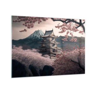 Quadro em vidro - Um pagode tradicional japonês em meio a flores de cerejeira e montanhas - 70x50cm - A terra da flor de cerejeira - Decoração de parede moderna para a sala de estar e quarto ARTTOR
