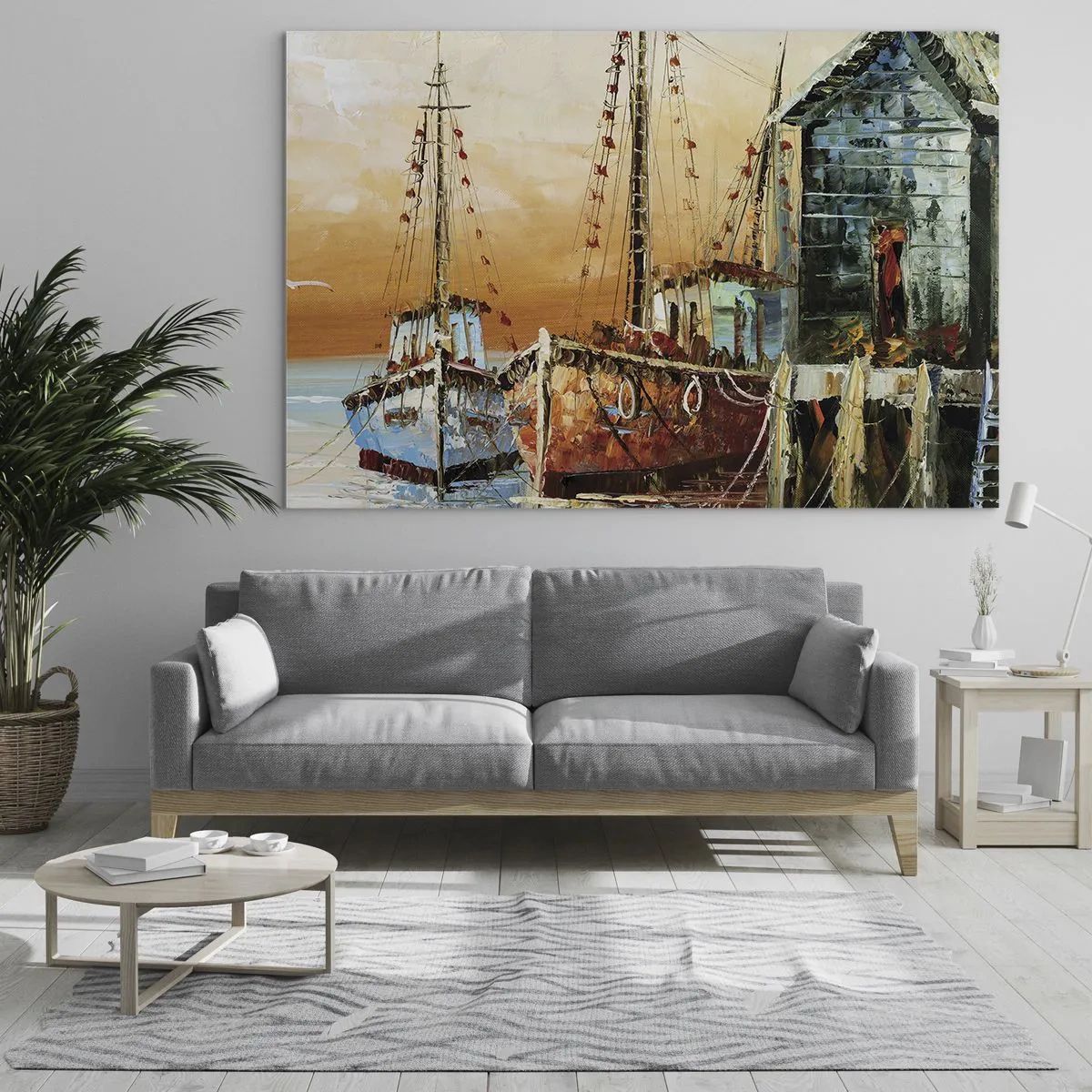 Quadro em vidro - Barcos coloridos na marina - 70x50cm - Um regresso tranquilo - Decoração de parede moderna para a sala de estar e quarto ARTTOR