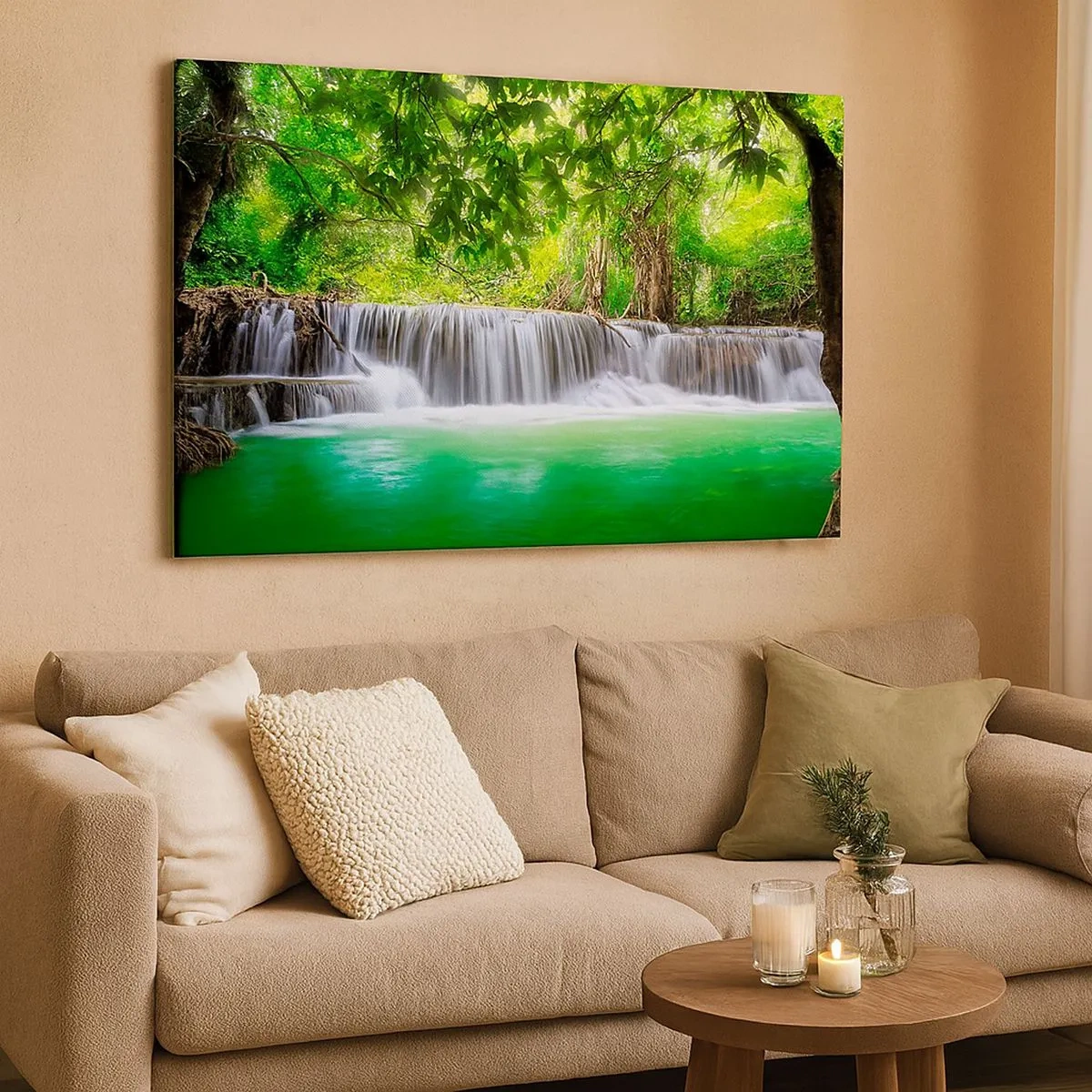 Quadro em tela - Uma cachoeira verde cercada por densa vegetação tropical - 70x50cm - Cascata verde - Decoração de parede moderna para a sala de estar e quarto ARTTOR
