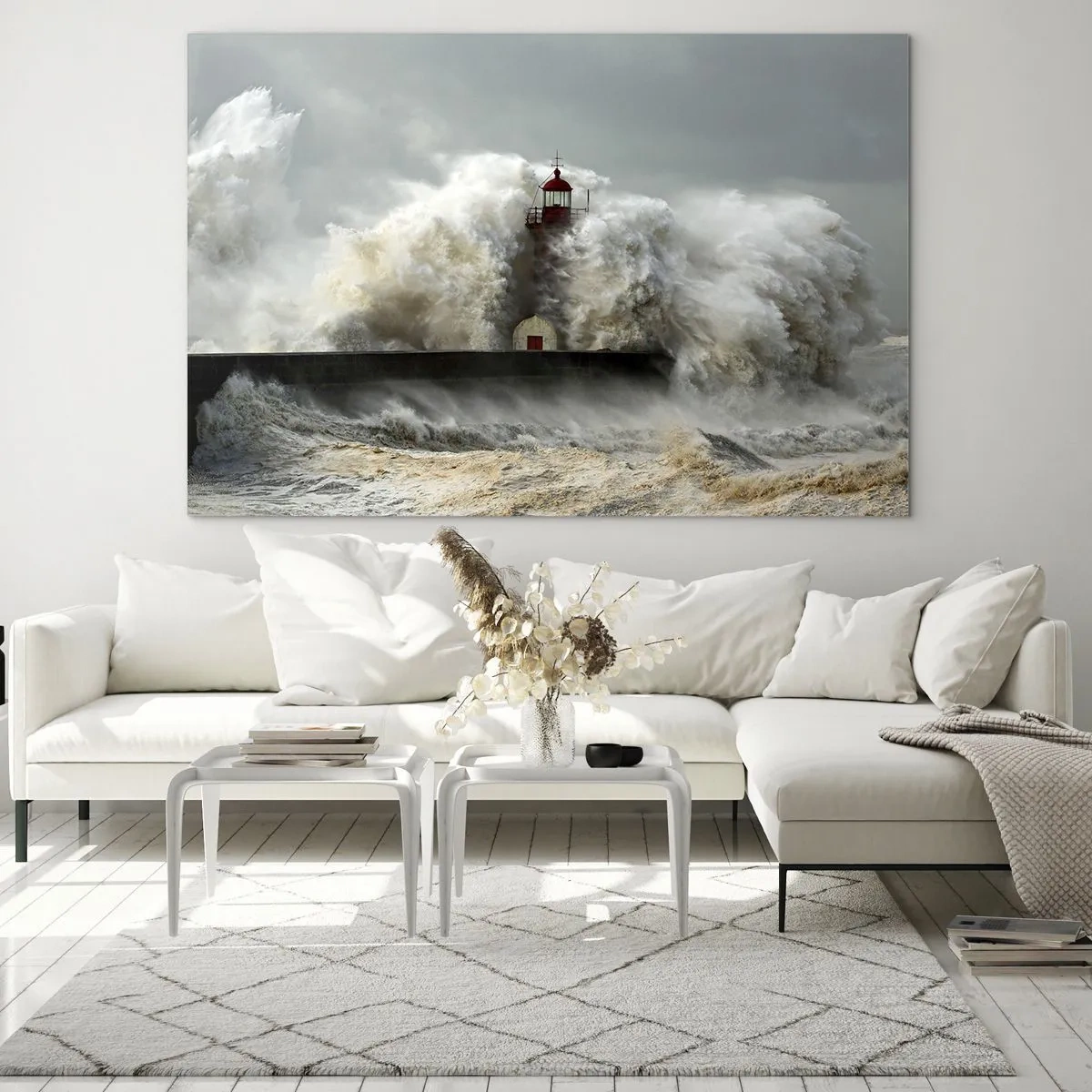 Quadro em vidro - Um farol cercado por ondas poderosas - 70x50cm - A ira do oceano - Decoração de parede moderna para a sala de estar e quarto ARTTOR