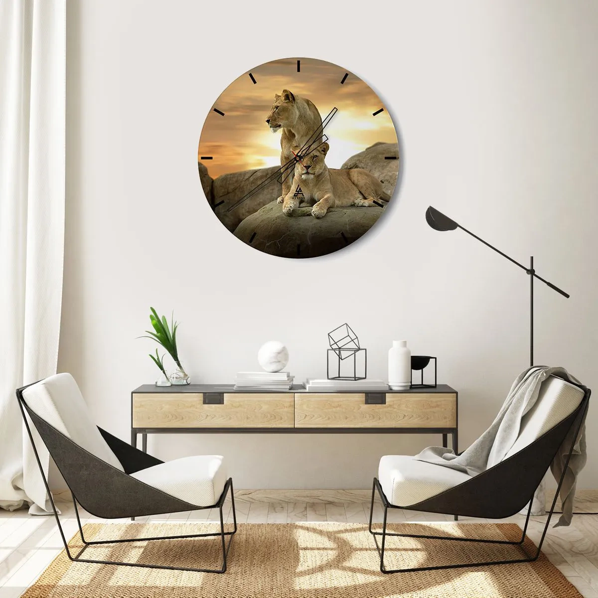 Relógio de parede - Relógio em vidro - Dois leões contra o pôr do sol - 30x30cm - Majestade real - Decoração de parede moderna para a sala de estar, cozinha e quarto ARTTOR