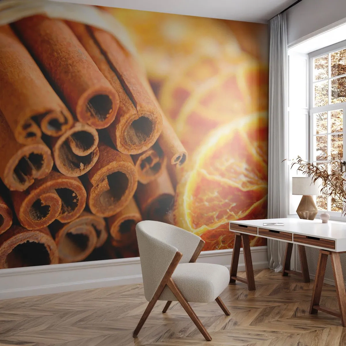 Papel de Parede Autocolante Deluxe Sticker - Sente o cheiro? - Laranja, Pau de canela, Especiarias - 250x175 cm