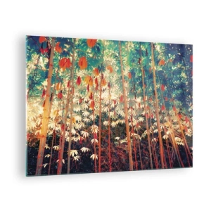 Quadro em vidro - Floresta de bambu colorida com iluminação aconchegante - 70x50cm - A vida secreta das folhas - Decoração de parede moderna para a sala de estar e quarto ARTTOR