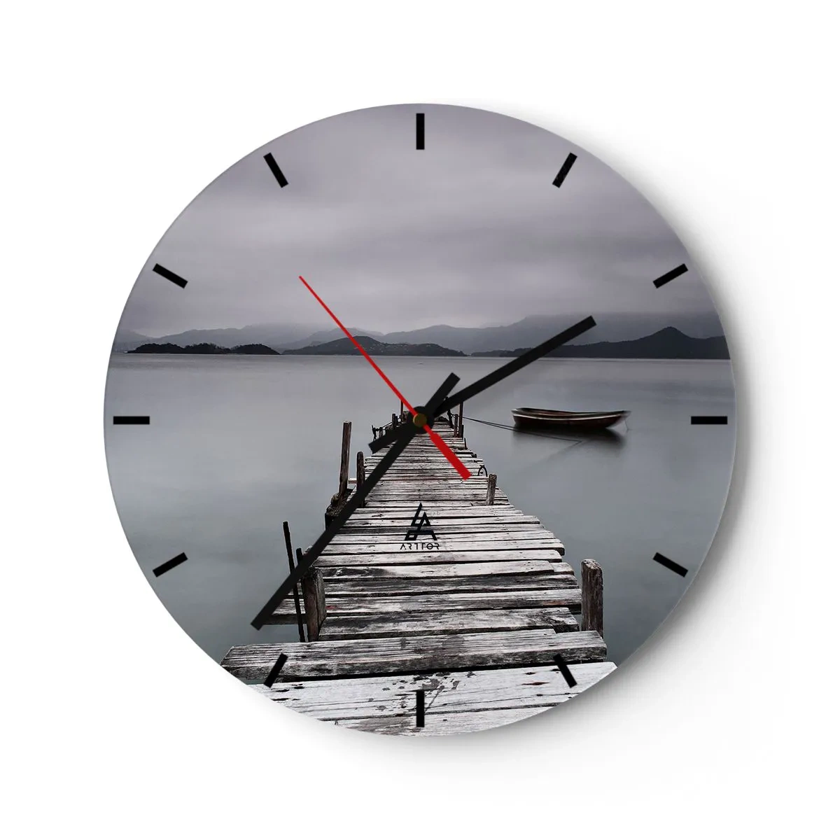 Relógio de parede - Relógio em vidro - Um cais de madeira em um lago calmo com um barco ao fundo - 30x30cm - Amanhã pode ir - Decoração de parede moderna para a sala de estar, cozinha e quarto ARTTOR
