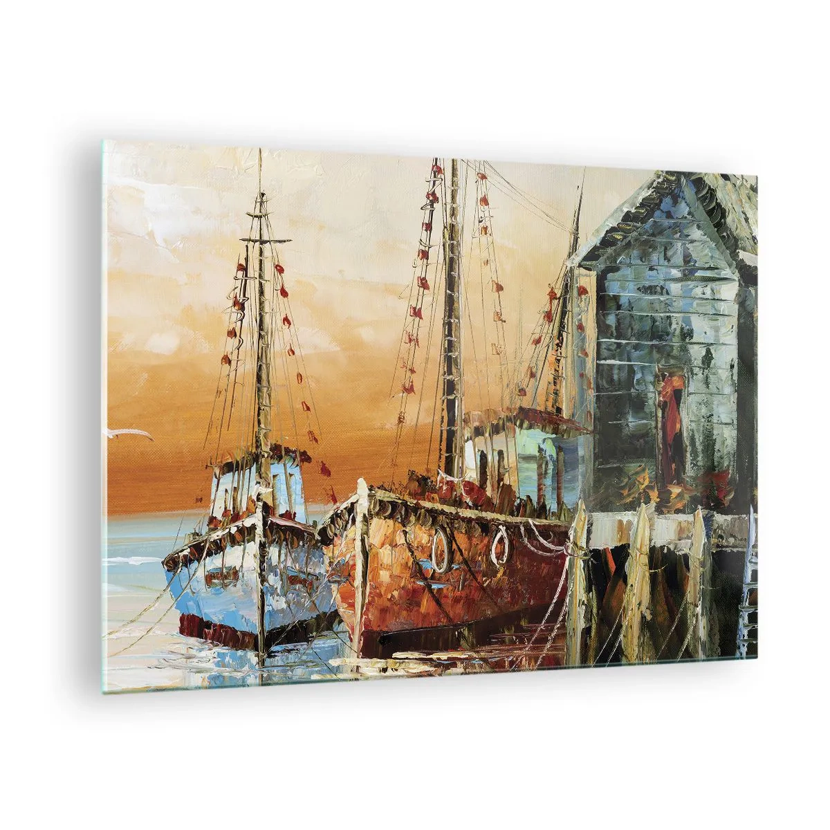 Quadro em vidro - Barcos coloridos na marina - 70x50cm - Um regresso tranquilo - Decoração de parede moderna para a sala de estar e quarto ARTTOR
