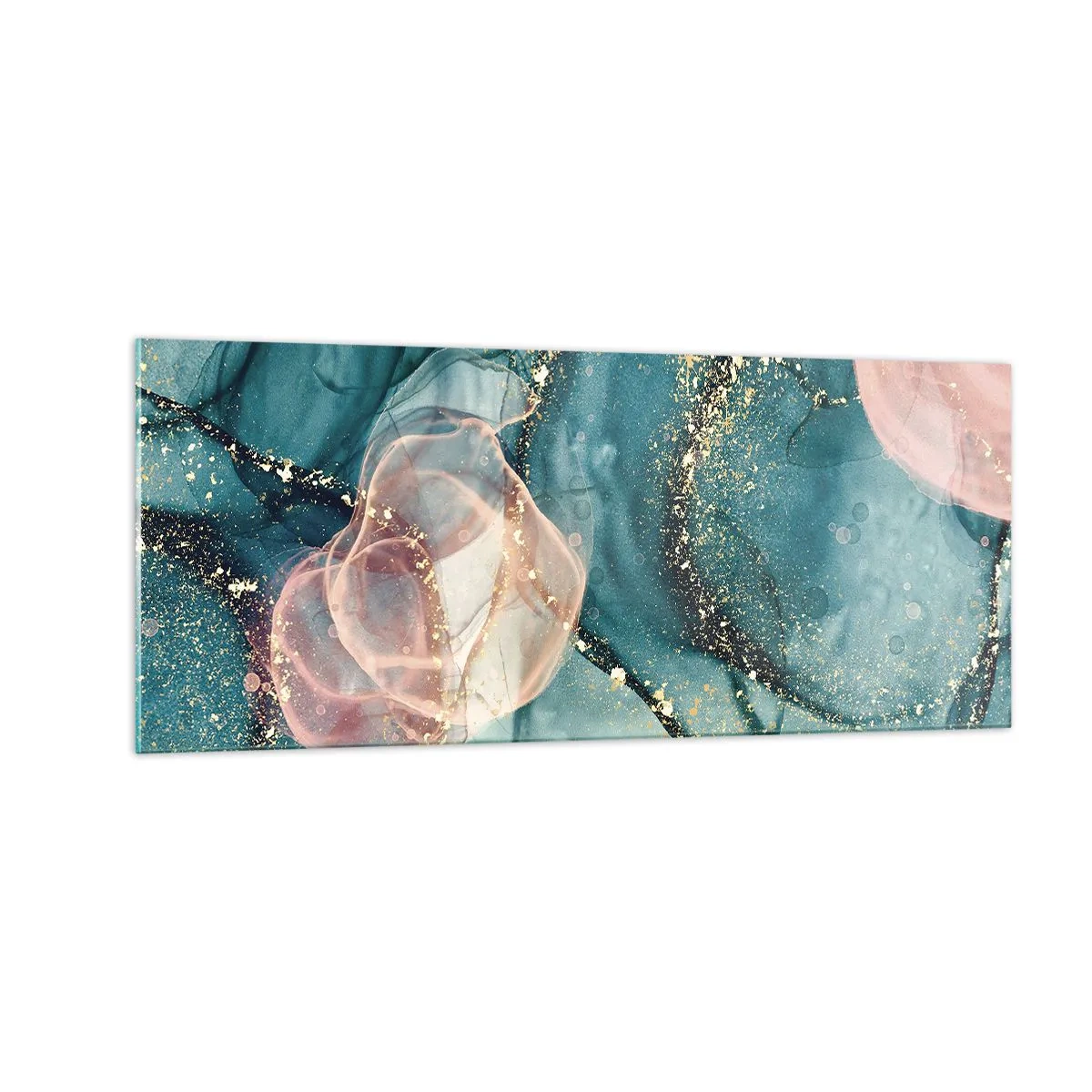 Quadro em vidro - Azul seda, rosa tule - 100x40 cm