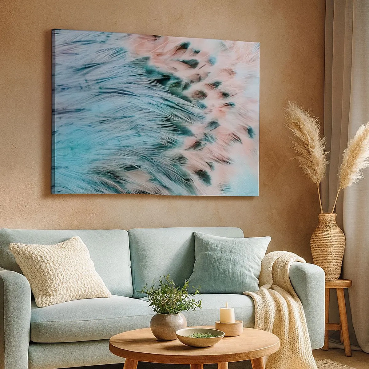 Quadro em tela - Close-up de penas em tons pastel rosa safira - 70x50cm - Penugem safira-rosa - Decoração de parede moderna para a sala de estar e quarto ARTTOR