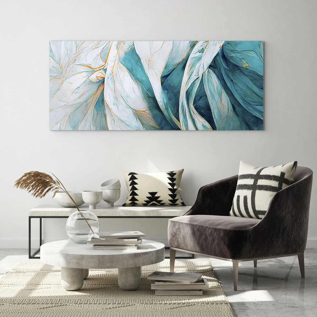 Quadro em vidro - Abstração azul com lema dourado - 100x40 cm