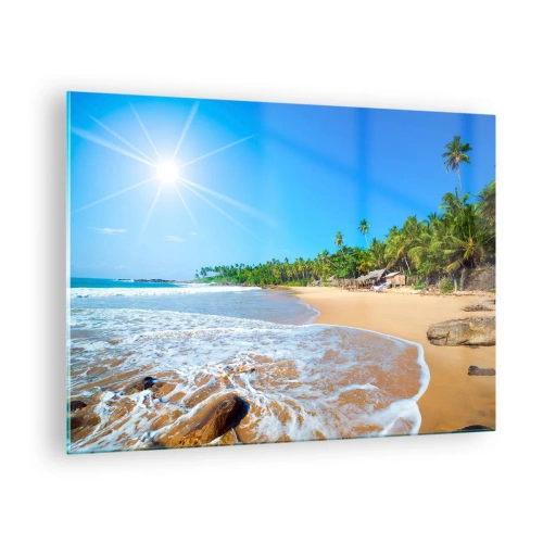 Quadro em vidro - Praia tropical com palmeiras e ondas sob um céu azul - 70x50cm - Um lugar exótico para si - Decoração de parede moderna para a sala de estar e quarto ARTTOR