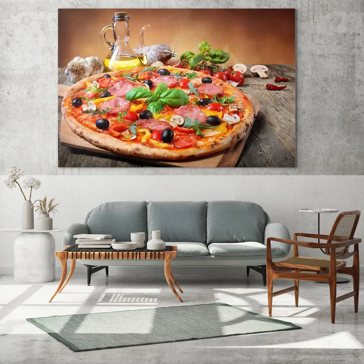 Quadro em vidro - Pizza com coberturas em uma mesa de madeira com azeite e especiarias - 70x50cm - Com um sabor verdadeiramente italiano - Decoração de parede moderna para a sala de estar e quarto ARTTOR