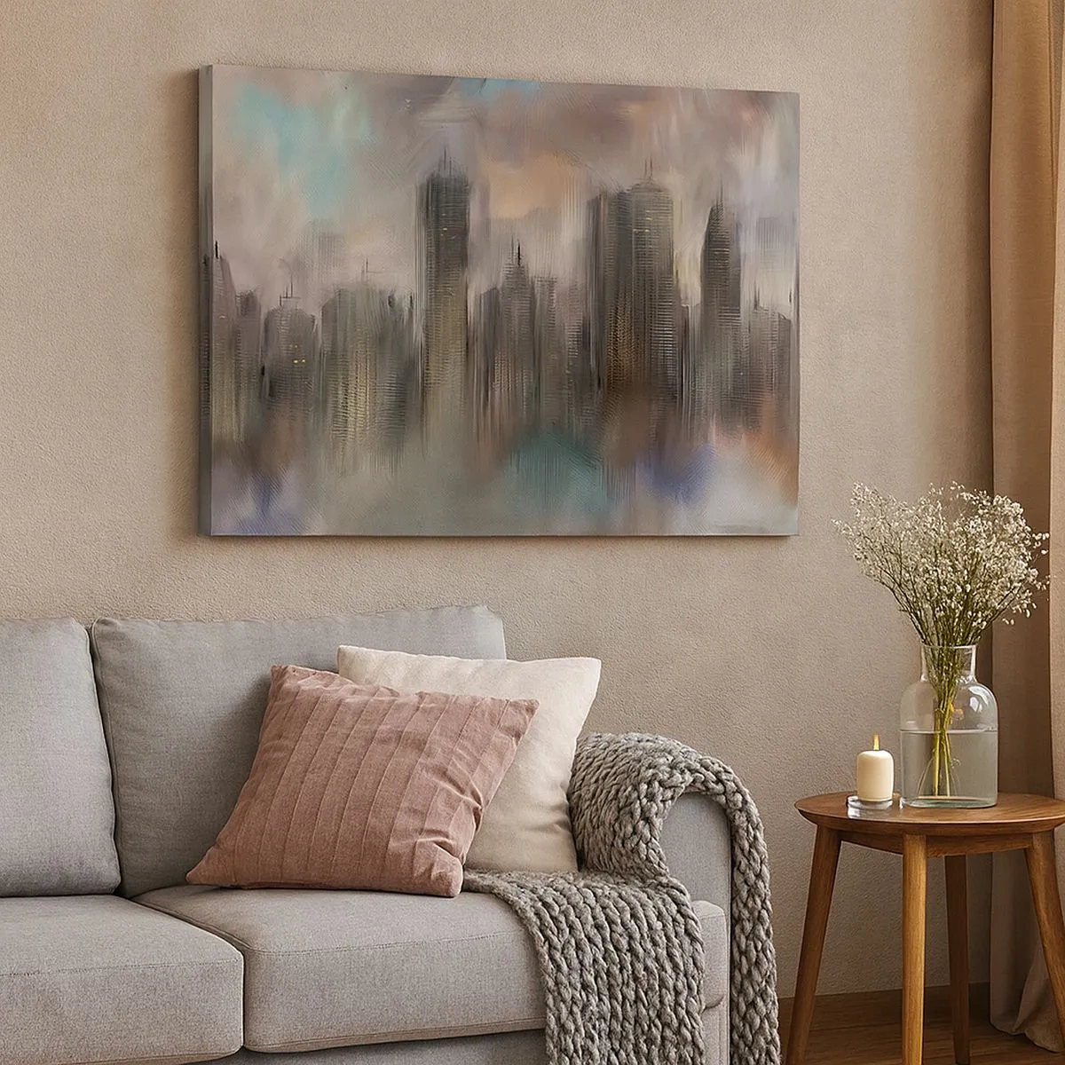 Quadro em tela - Uma visão artística de uma paisagem urbana com arranha-céus em cores pastel. - 70x50cm - Composição de aço, pedra e névoa - Decoração de parede moderna para a sala de estar e quarto ARTTOR