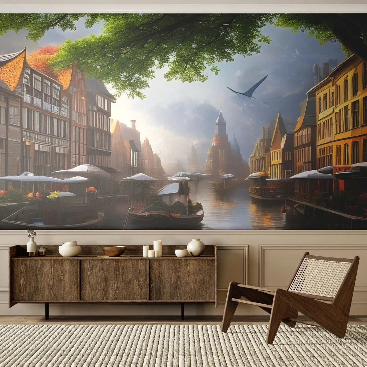 Papel de Parede Premium Sand - Paisagem urbana holandesa - Cidade antiga, Barcos, Canal - 200x140 cm